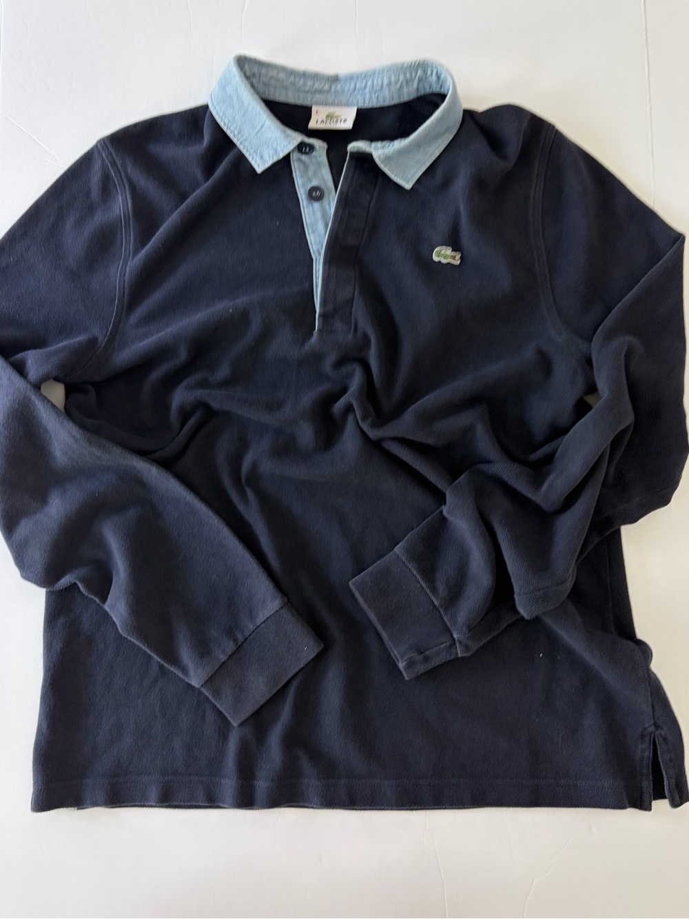 Lacoste Navy Blue Long Sleeve Polo with Light Blue Collar